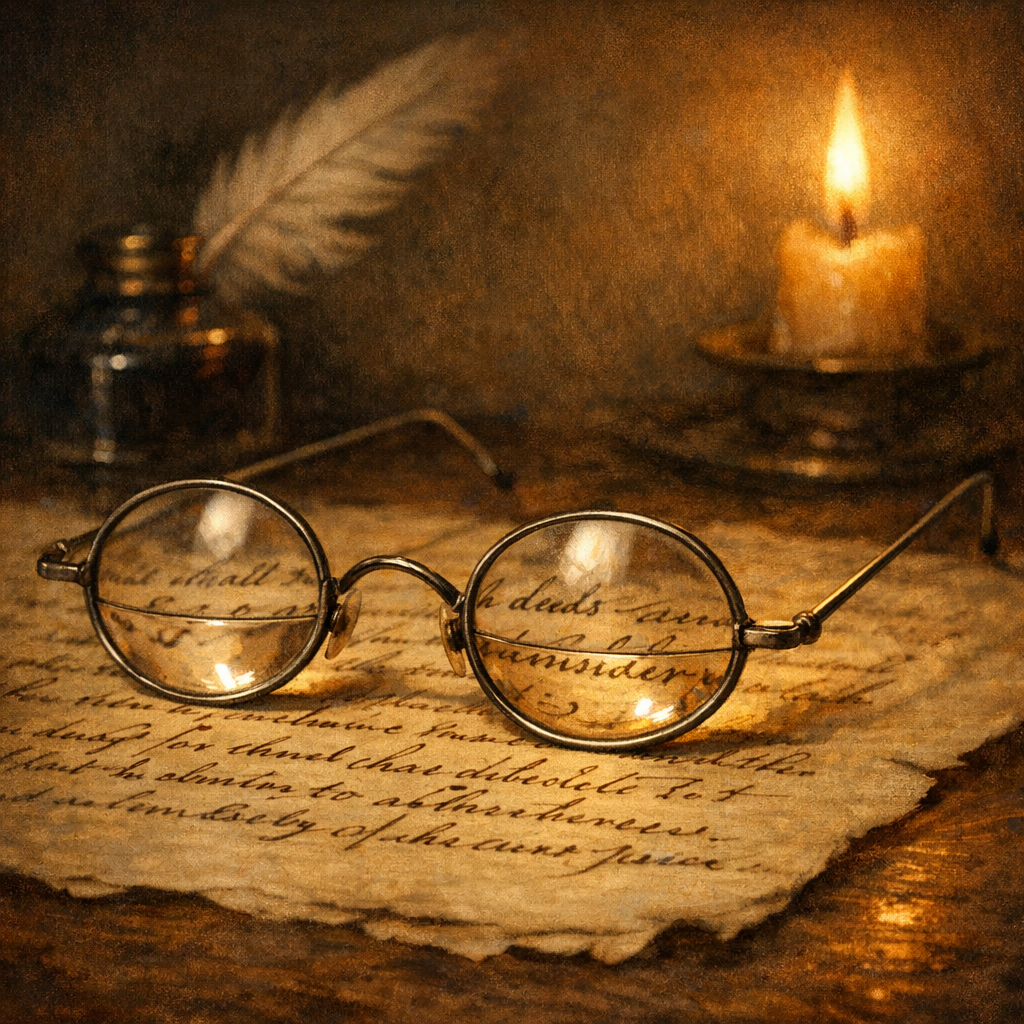 Wire-rimmed bifocal spectacles resting on a handwritten letter by candlelight