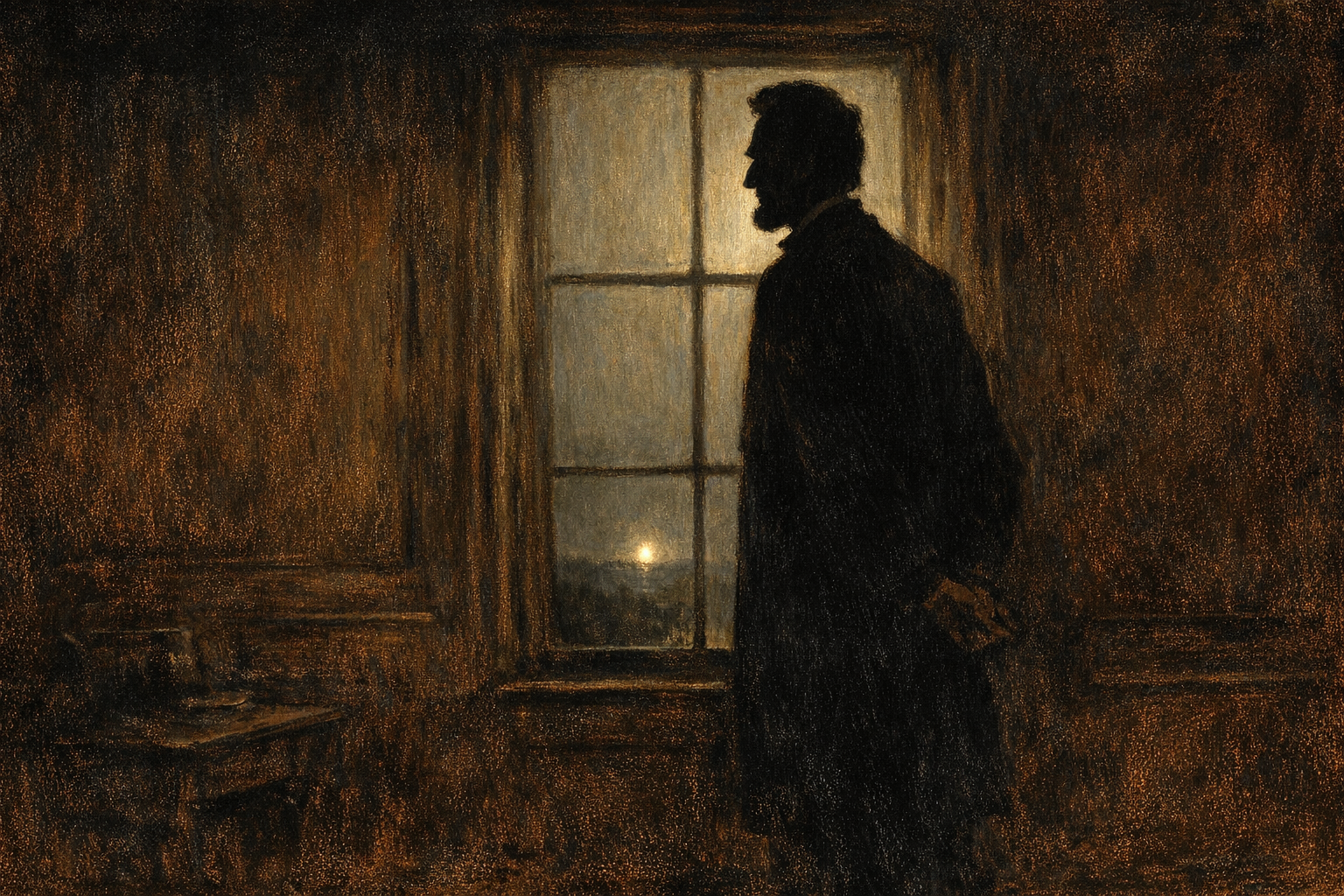 A tall figure silhouetted at a window, looking out at a distant light