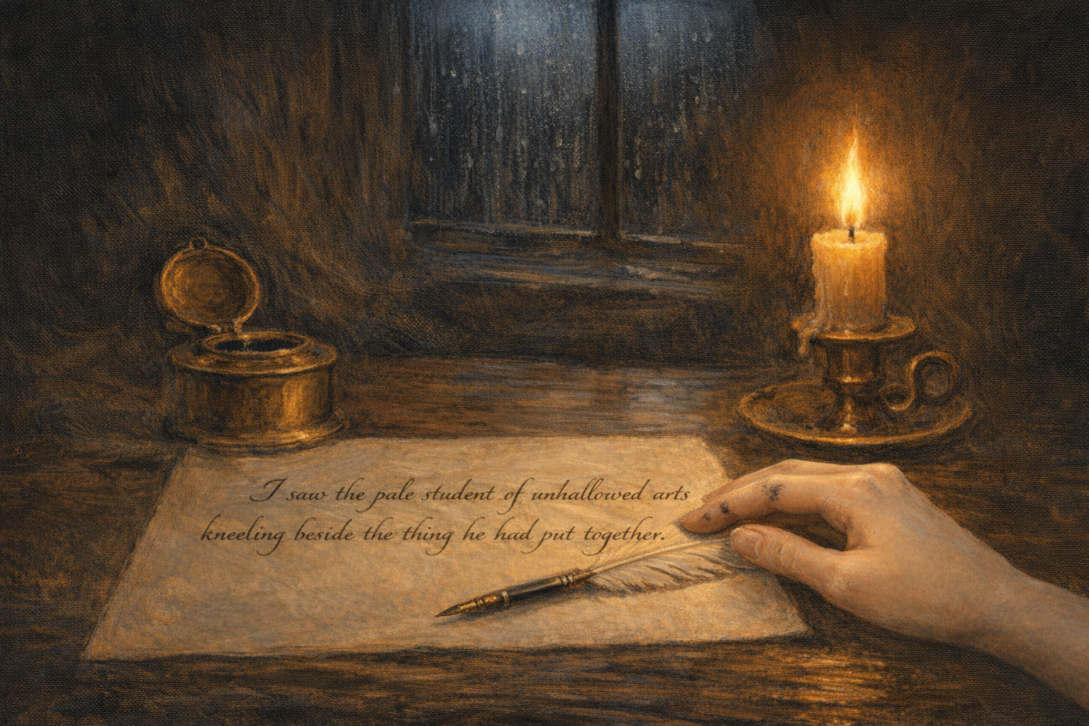 A desk lit by candlelight — ink, paper, a pen laid down mid-sentence
