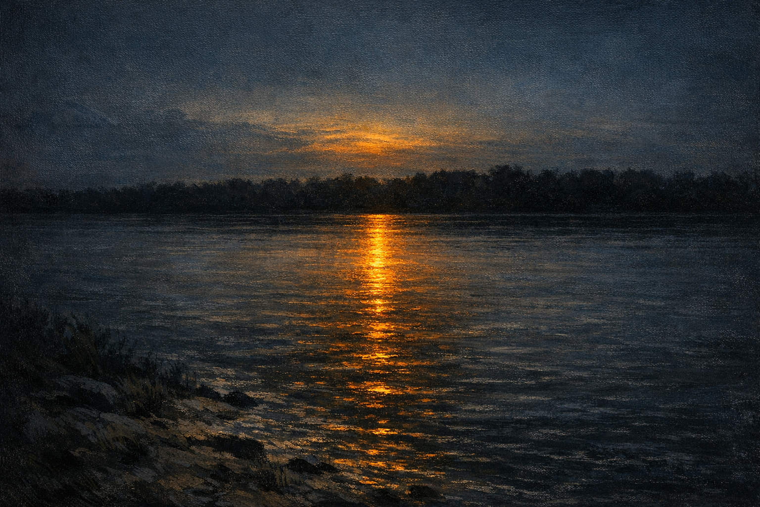 A river stretching toward a distant bend, late afternoon light on the water